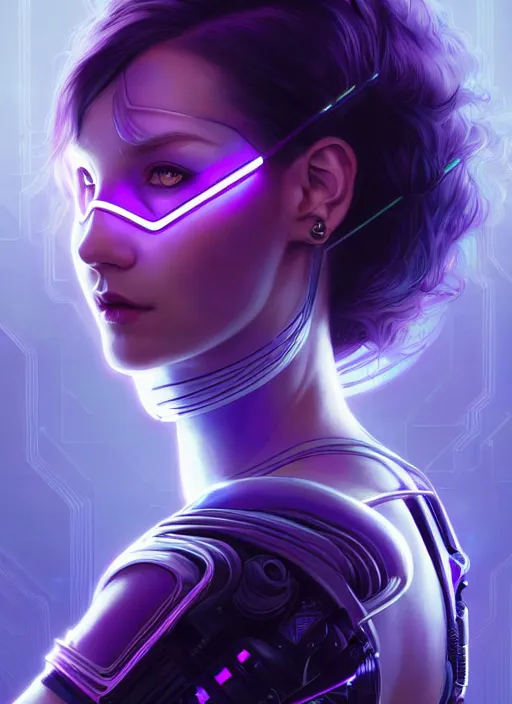 Image similar to symmetry portrait of a very beautiful caucasian young cyberpunk woman with dark purple hair wearing a mask, sci - fi, tech wear, glowing lights intricate, elegant, highly detailed, digital painting, artstation, concept art, smooth, sharp focus, illustration, art by artgerm and greg rutkowski and alphonse mucha