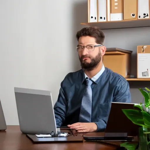 Image similar to man working very hard in an office, not just making dreams on his computer