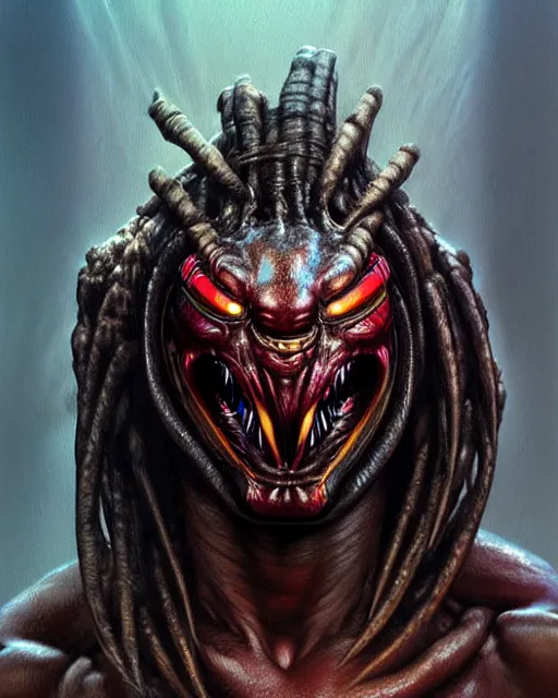 Prompt: a portrait of the predator fantasy character portrait, ultra realistic, cinematic, concept art, wide angle, intricate details, hologram, highly detailed by boris vallejo