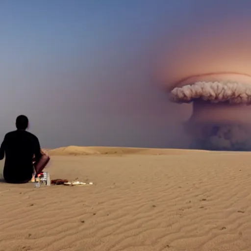 Prompt: guy sitting on the desert sand watching a nuclear explosion go off on the horizon, foggy
