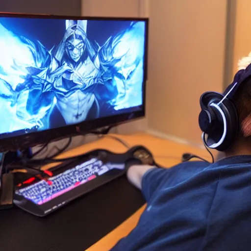 Image similar to disabled man playing league of legends with facecam