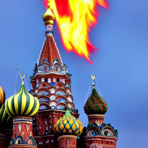 Prompt: high quality photo of burning Spasskaya Tower on Red Square with fire and flame, highly detailed, 8k, professional