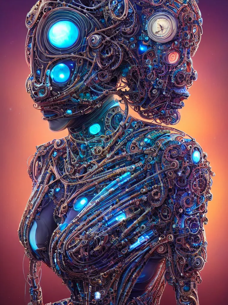 Prompt: full lenght shot woman in biomechanical dress, wearing epic bionic cyborg implants of different colors, detailed intricate ornate cables, by dan mumford and naoto hattori, masterpiece, intricate, elegant futuristic wardrobe, highly detailed, artstation, concept art, background galaxy, cyberpunk colors, art by artgerm and james jean and nick sullo