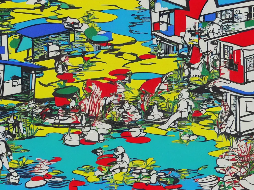 Image similar to close - up image of a japanese house with a pond, stormtroopers sitting around it, pop - art style, the style of andy warhol, roy lichtenstein and jackie tsai, bright and saturated palette, acrylic on canvas