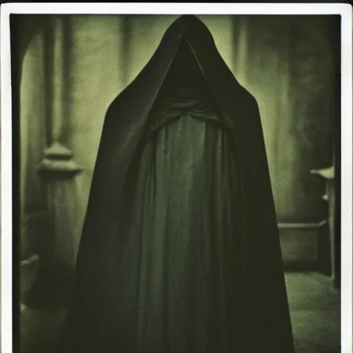 Image similar to polaroid of faceless dark cloaked Nazgûl by Tarkovsky