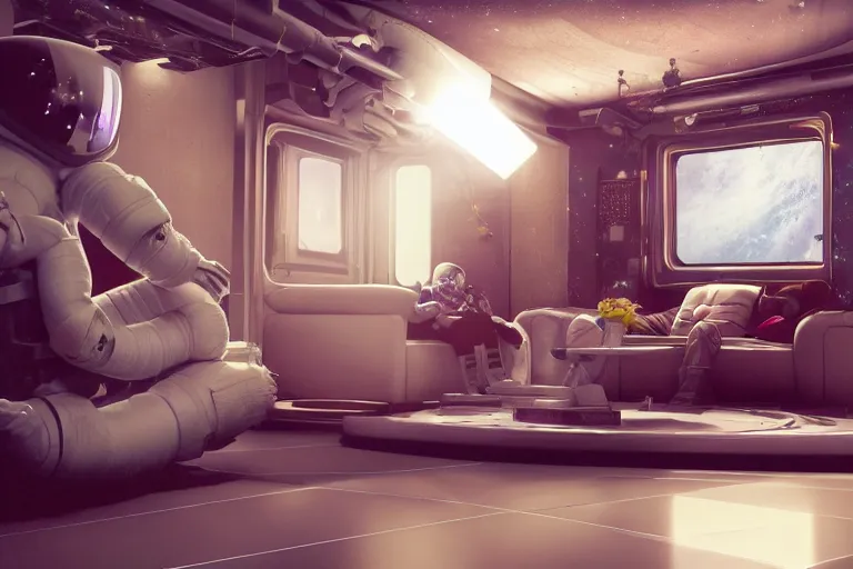 Image similar to photo realistic octane render of a living room in a space station with a sad astronaut looking out the window at earth