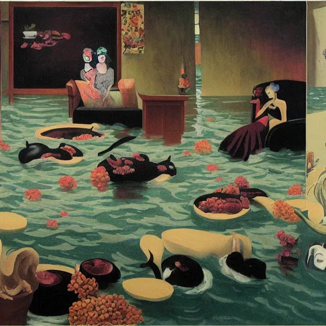 Image similar to emo catgirl artist in her flooded lounge room, painting of flood waters inside an artist's loungeroom, a river flooding indoors, pomegranates, pigs, ikebana, water, octopus, river, rapids, waterfall, black swans, canoe, berries, acrylic on canvas, surrealist, by magritte and monet