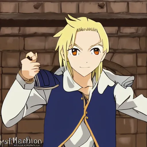 Image similar to young blonde boy fantasy thief in a tavern, full metal alchemist, anime style