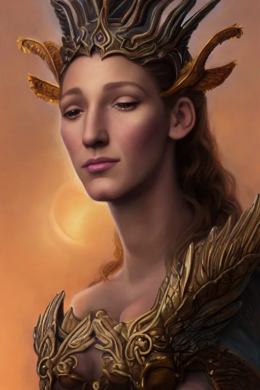 Image similar to A fantasy book style portrait painting of a hybrid, Blake Lively , Anya_Taylor-Joy, Cory Chase, as a Mystical Valkyrie, Anubis-Reptilian, Atlantean Warrior, François Boucher, Oil Painting, unreal 5, DAZ, hyperrealistic, octane render, Regal, Refined, Detailed Digital Art, RPG portrait, William-Adolphe Bouguereau, Michael Cheval, Walt Disney (1937), Steampunk, Volumetric Golden dappled dynamic lighting, Highly Detailed, Cinematic Lighting, Unreal Engine, 8k, HD