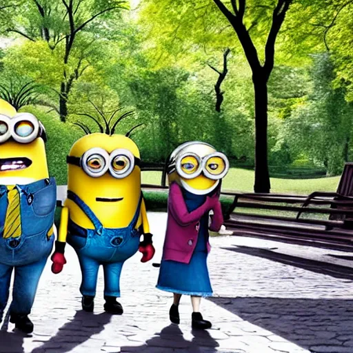 the minions walking through central park with Gru in | Stable Diffusion