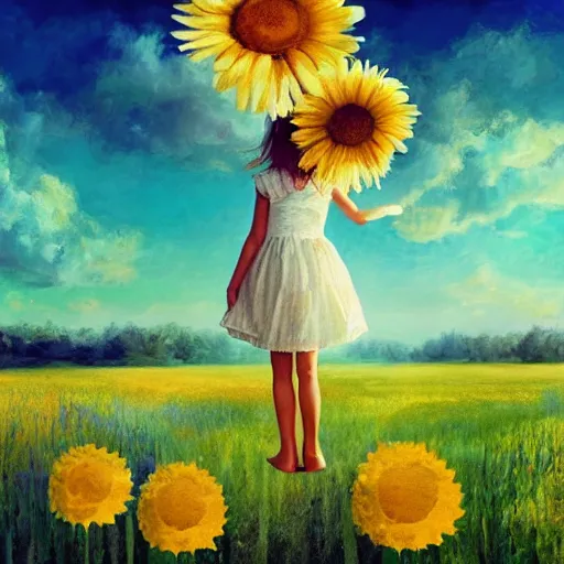 Prompt: head made of giant daisies, girl standing barefoot in a vast flower field, holding flowers, surreal photography, sunrise dramatic light, impressionist painting, colorful clouds, large sky, digital painting, artstation, simon stalenhag, flower face