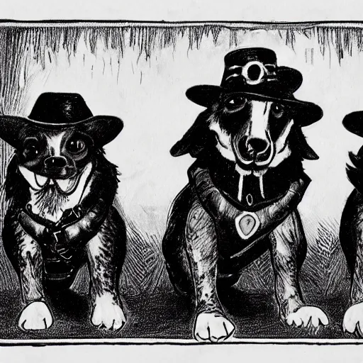 Image similar to black and white vintage drawing of a ragtag team of three dogs dressed as mischievous thieves in a dark steampunk setting