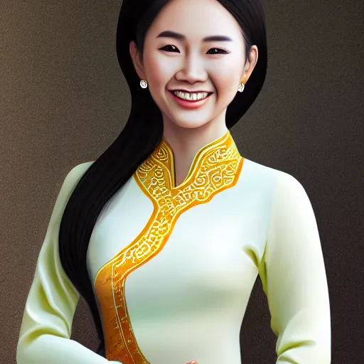 Image similar to beautiful half vietnamese wearing an elegant ao dai, tanned woman, smiling, portrait, photorealistic