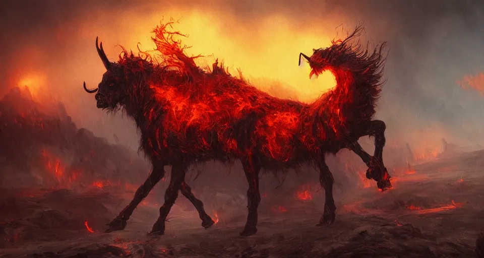 Image similar to fine art painting of a nightmare in a hellish landscape, flaming hooves and burning eyes, artstation, cgsociety, very detailed, intricate, masterpiece, stunning, romanticism