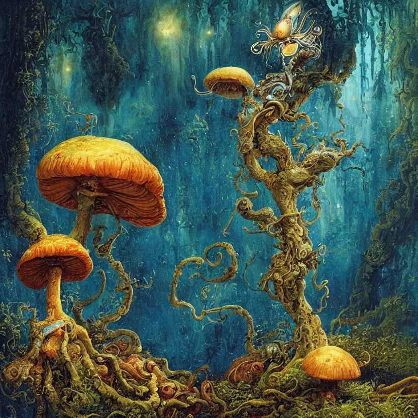 Prompt: a close - up rococo portrait of a colorful mushroom alien elf - like creature with futuristic features standing in water, moss, and swamp. fireflies night time. rich blue colors, high contrast. gloomy, highly detailed 1 8 th century sci - fi fantasy masterpiece painting by jean - honore fragonard, moebius, and johfra bosschart. artstation