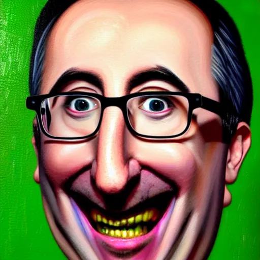 Prompt: Facial portrait. John Oliver, looking at the camera, laughing like a maniac. colorful background, lighting like in blair witch project. extremely detailed painting on canvas. by Greg Rutkowski and by Henry Justice Ford and by Steve Henderson. Shown in a newspaper.