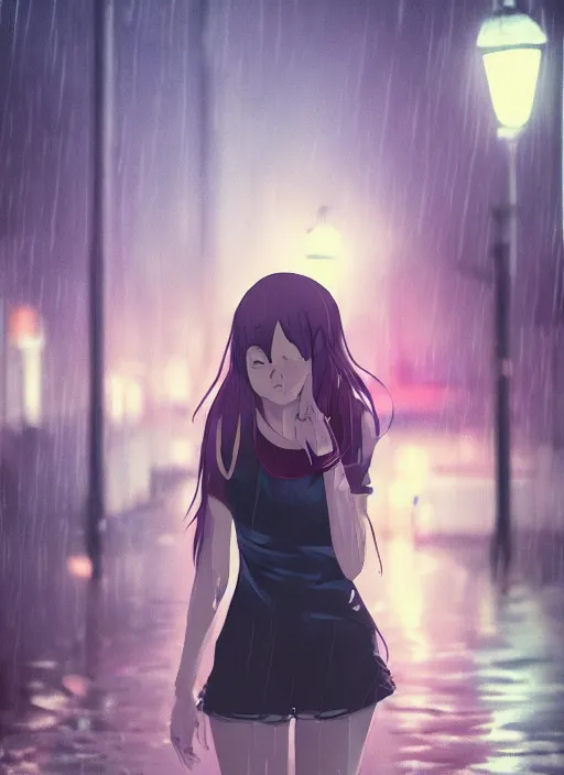 Image similar to listening to music at 2 am, night, pretty girl, pose, rain, lofi, lofi, peaceful, street light, anime key visual, poster, street wears, anime, by wlop, high quality, 4 k, trending, trending on artstation