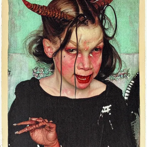 Image similar to Frontal portrait of a demon. Her skin is not quite fleshy, but bony. A painting by Norman Rockwell.