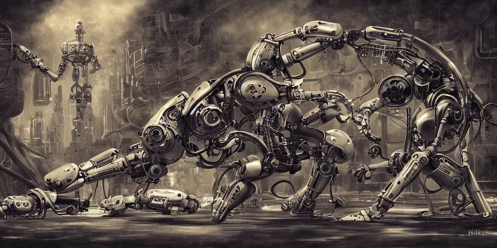 Prompt: digital painting of a robot doing mixed martial arts, by michael whelan and h. r. giger, highly detailed, steampunk, mix of styles, intricate, ghost in the shell color scheme, mma, boxing, kickboxing, masterpiece, golden ratio