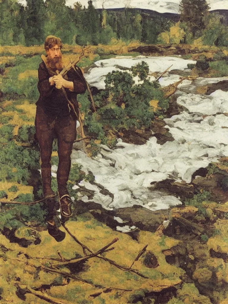 Prompt: lumberjack with, standing on a wood log that is floating in a white water river, surrounded bij mountains, Painting by Felix Vallotton, John Everett Millais