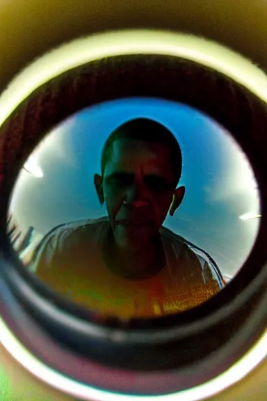 Image similar to a very close up fish eye lens photo of Obama