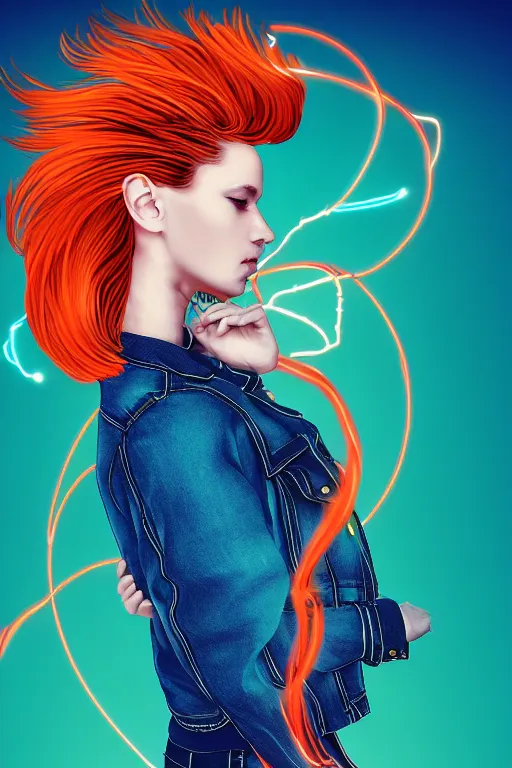 Image similar to a award winning half body portrait of a beautiful woman with stunning eyes in a croptop denim jacket and cargo pants with ombre red orange teal hairstyle head in motion and hair flying while dancing by thomas danthony, surrounded by whirling illuminated lines, outrun, vaporware, shaded flat illustration, digital art, trending on artstation, highly detailed, fine detail, intricate