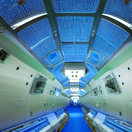 Image similar to space - station interior, large open room, gentle blue and green lighting, futuristic, angular design