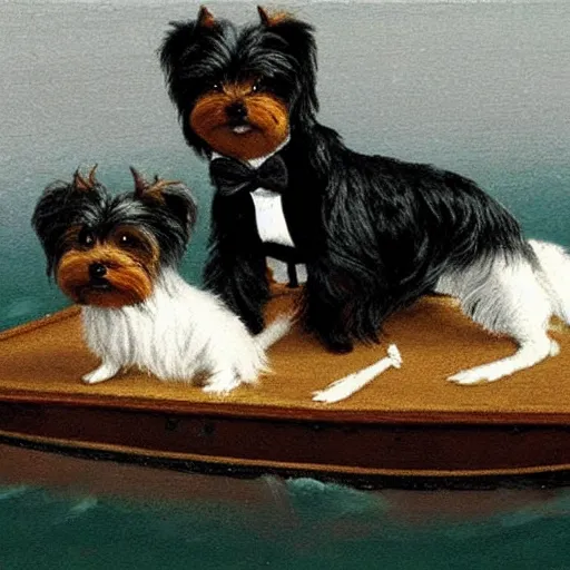 Prompt: a Yorkshire terrier on a boat wearing a black bow tie, extremely detailed masterpiece, illustration, by Michael Sowa,