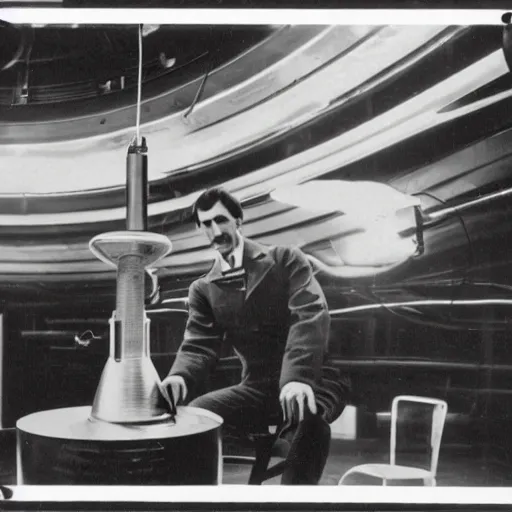 Image similar to nikola tesla sitting under a tesla coil, 1960s photography.