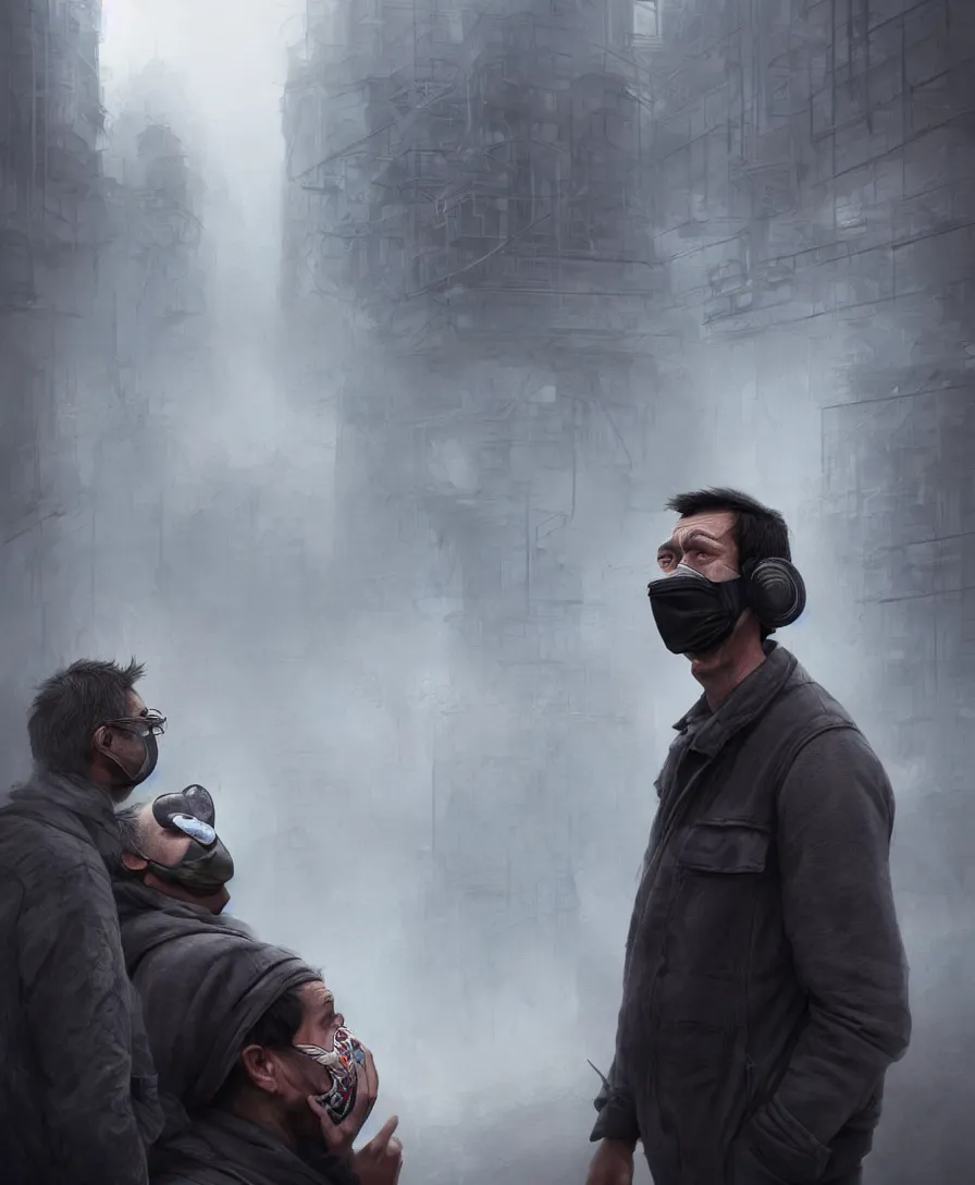 Prompt: a man suffering due to high air pollution in future, concept art, digital painting, people are wearing masks, wide angle shot, in the style of greg rutwoski, very hyper realistic, highly detailed, fantasy art station