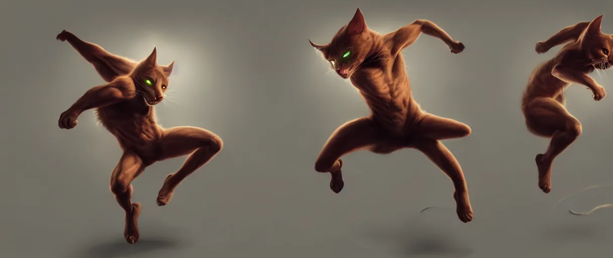 Image similar to hyperrealistic hyper detailed energetic choonky catman dancing concept art key sage sharp cinematic lighting 8k wide angle shallow depth of field