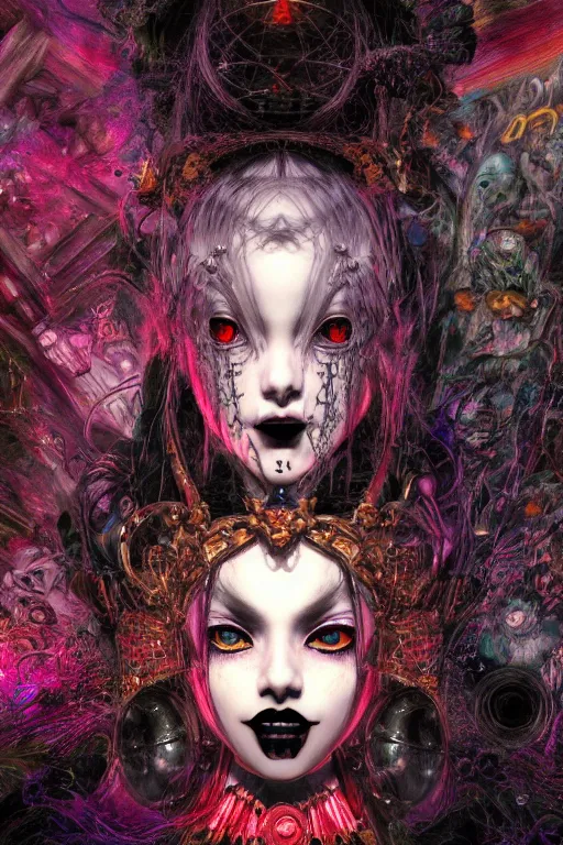 Image similar to Gothic girl face, 60s kitsch and psychedelia, dark background. digital art. amazing quality. perfect lighting. Professional design. Great composition. by Ayami Kojima and Tomoyuki Yamasaki and Tsutomu Nihei, octane render, award winning art. impressive colors. trending on artstation. James Ensor style