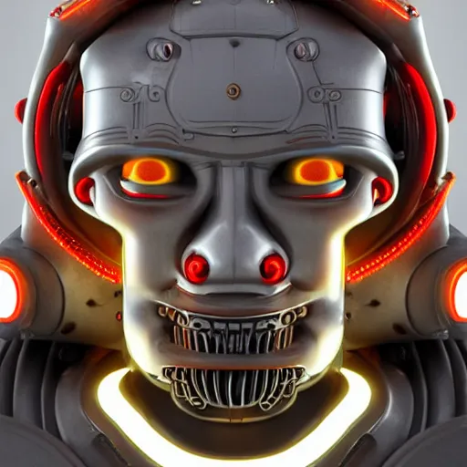 Image similar to a glossy claymodel of a dieselpunk aztec futuristic robot head with eeg probes, 8 k, front shot, symetrical, flourescent colors, halluzinogenic, multicolored, insanely detailed, 3 d render, octane