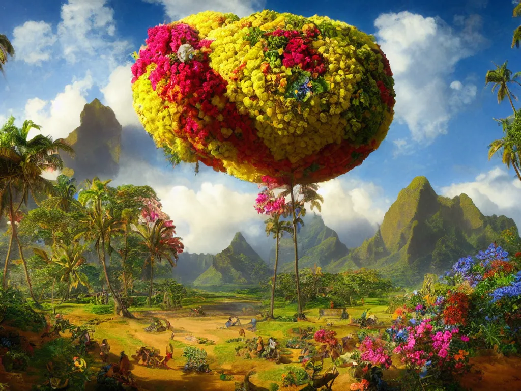 Image similar to kauai springtime, universe is a spheroid region 7 0 5 meters in diameter, sunlight study, art nouveau, by jan davidsz de heem and ( ( ( ( ( lisa frank ) ) ) ) ) and albert bierstadt, 8 k, extreme detail, sharp focus, octane render