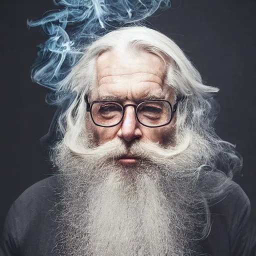 Image similar to portrait of bearded old man with long white hair, the smoke meets his white hair, highly detailed, intricate complexity, epic composition, magical atmosphere, cinematic lighting, masterpiece, ultra hd