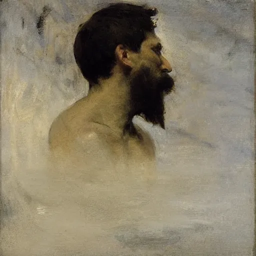 Prompt: turbulent, peaceful by frank weston benson, by abbott handerson thayer. a beautiful illustration of a giant head. the head is bald & has a big nose. the eyes are wide open & have a crazy look. the mouth is open & has sharp teeth. the neck is long & thin.