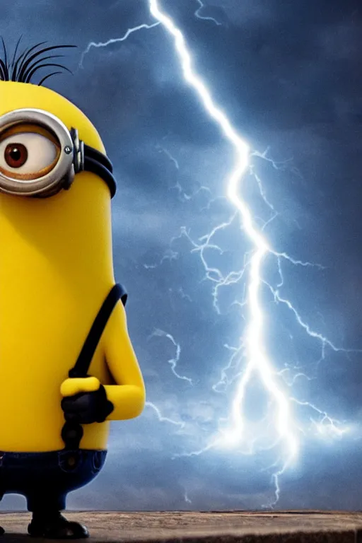 Image similar to minion trying to explode a bomb, realistic, dramatic lightening, cinematic