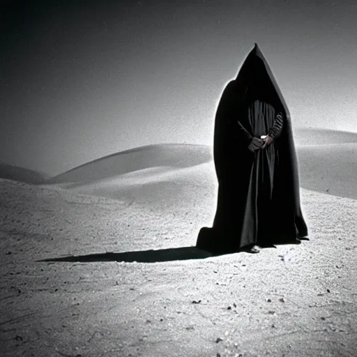 Prompt: a man wearing a long cloak and hood and gasmask, in the desert, film still, arriflex