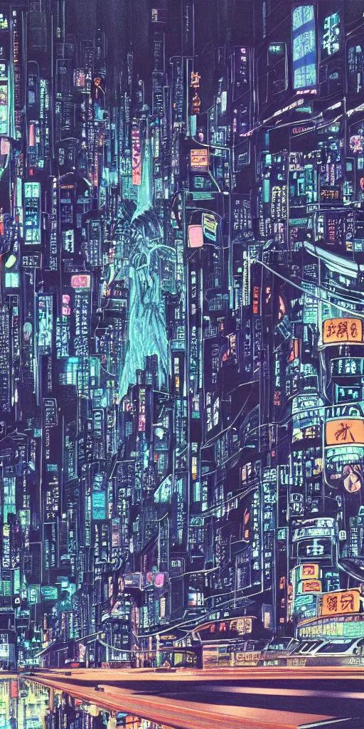 Prompt: beautiful and detailed anime drawing of an GHOST IN THE SHELL-like cyberpunk city landscape with light trail from a motorcycle at the bottom and a bridge silhouette at the top, japan at night, 1980s, by Katsuhiro Otomo and mamoru oshii, wide angle, worm\'s eye view, grand, clean, colorful