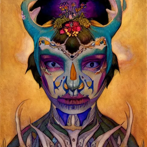 Image similar to the bone crown, by Annie Swynnerton and Nicholas Roerich and (((Diego Rivera))) and (((Edmund Dulac))), bioluminescent skin, floral tattoos, goth, iridescent beetles, elaborate costume, geometric ornament, symbolist, rich colors, dramatic lighting, smooth, sharp focus, extremely detailed