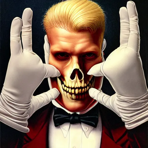 Image similar to portrait of a blond suited man with medical gloves and a skull mask, by Gerald Brom