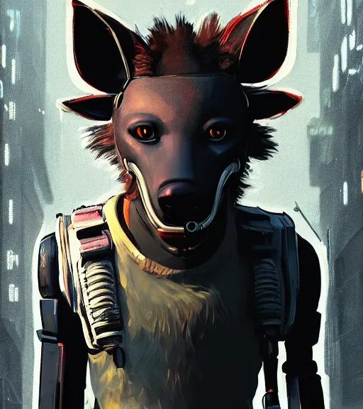 Prompt: new york city portrait icon of furry anthro anthropomorphic spotted hyena head animal person fursona wearing clothes strange cybernetic cyborg muzzle gloomy rainy screenshot from the video game cyberpunk 2077 digital art by Greg Rutkowski, Simon Stalenhag, christopher nolan trending on Artstation, CGSociety