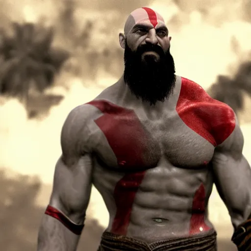 Prompt: photo of Kratos from god of war playing basketball