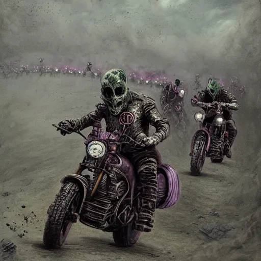 Prompt: motorbikers race in hell, horror art, purple and green hour, by beksinski, szukalski, giger, pyromallis, dzo, iris compiet, seb mckinnon, digital art, highly detailed, intricate, sharp focus, trending on artstation hq, deviantart, pinterest, unreal engine 5, 4 k uhd image