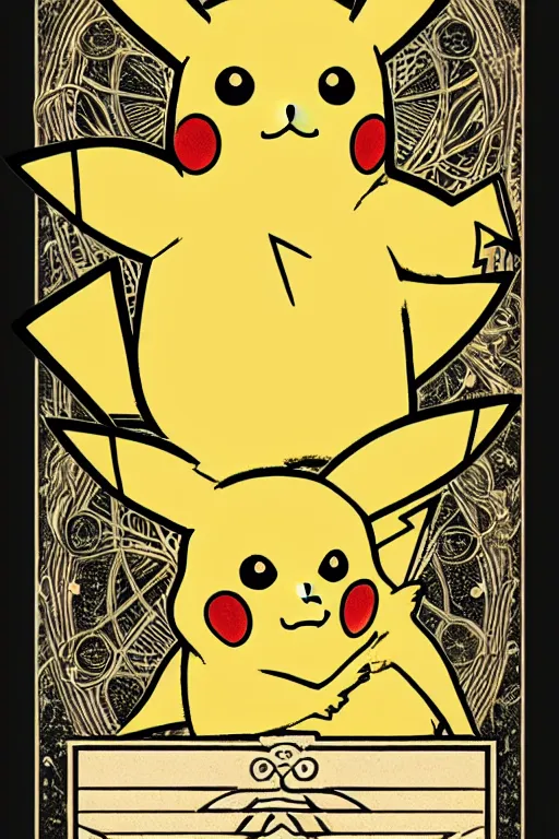 Prompt: Pikachu tarot card, art nouveau style, ornate borders, intricate details, trending on artstation