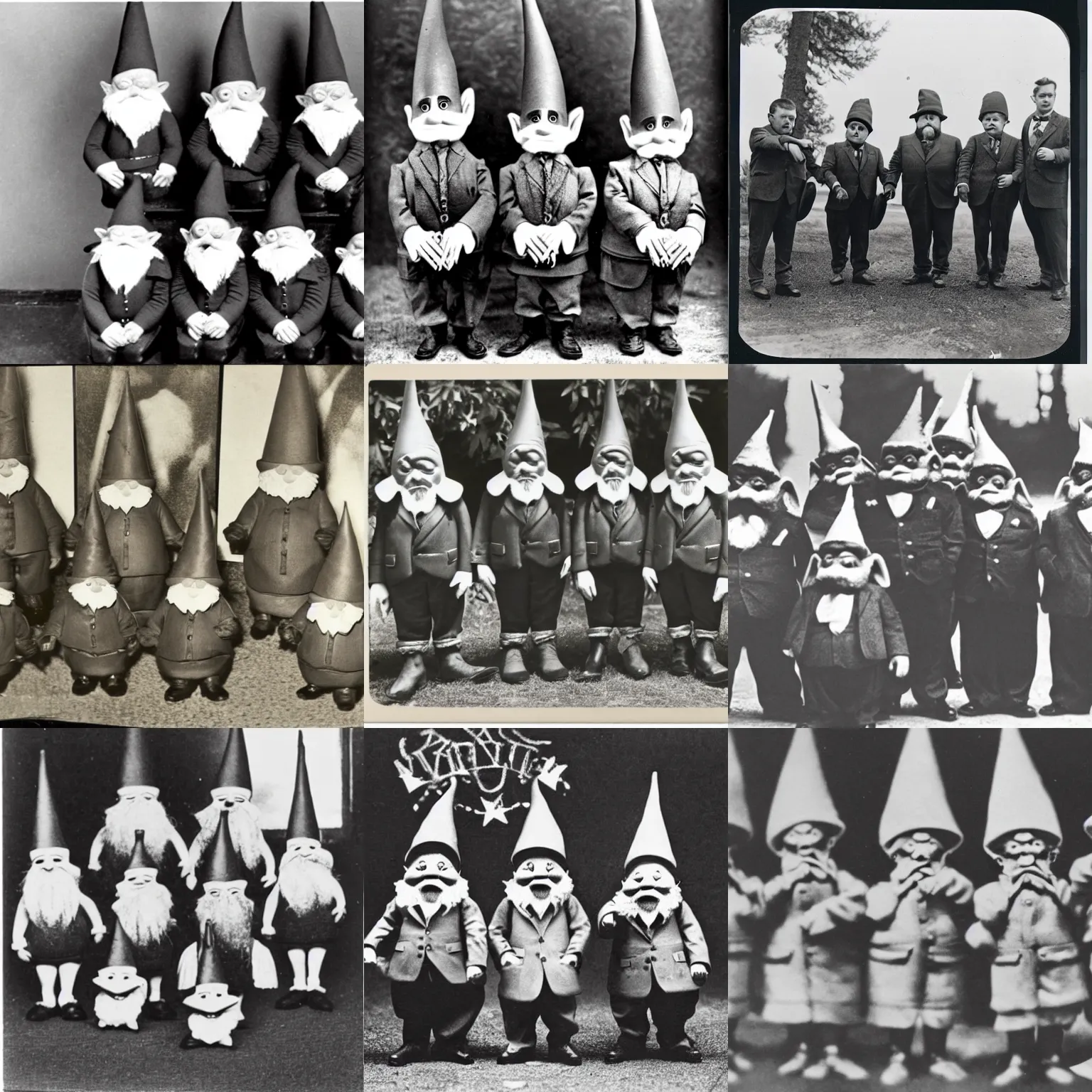 Prompt: vintage photograph of a group of gnomes dressed up as the mafia