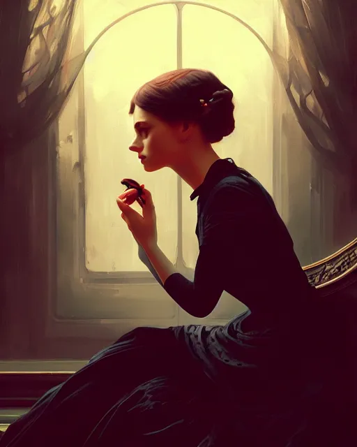 Image similar to stylized portrait by aykutmakut of an artistic pose, composition, young victorian sad fancy lady, surrounded by snakes, cinematic moody colors, realistic shaded, fine details, realistic shaded lighting poster by ilya kuvshinov, magali villeneuve, artgerm, jeremy lipkin and michael garmash and rob rey