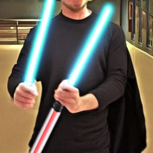 Prompt: guy with a light Saber that forks into more lightsabers