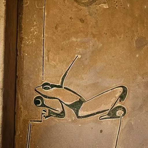 Prompt: a small frog standing on two feet at the hotel reception entry, ancient egyptian mural