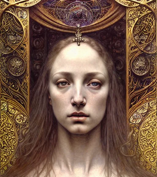 Image similar to detailed realistic beautiful young medieval queen face portrait by jean delville, gustave dore and marco mazzoni, art nouveau, symbolist, visionary, gothic, pre - raphaelite. horizontal symmetry by zdzisław beksinski, iris van herpen, raymond swanland and alphonse mucha. highly detailed, hyper - real, beautiful, fractal baroque